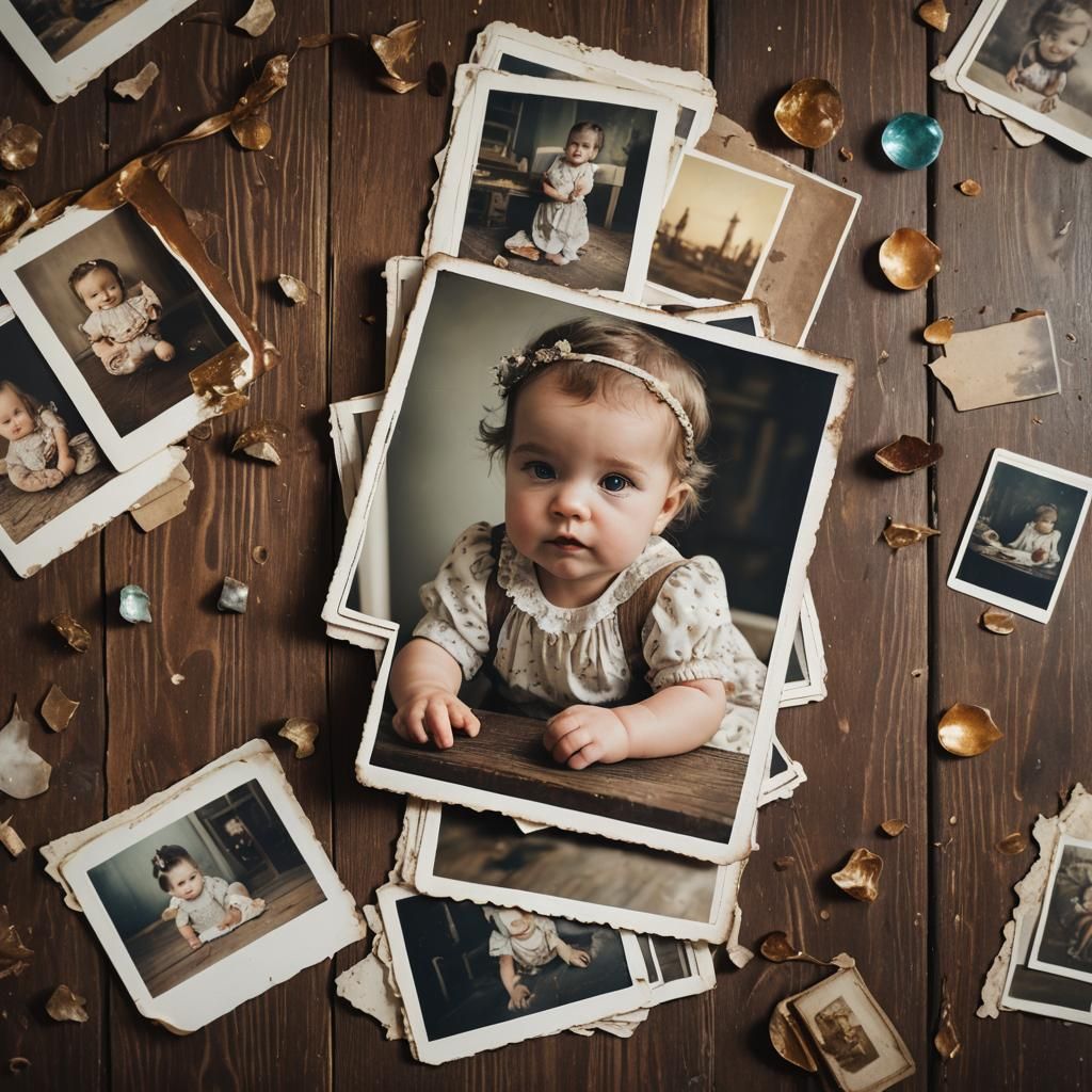 Retro Polaroid of Baby Girl on Wooden Table