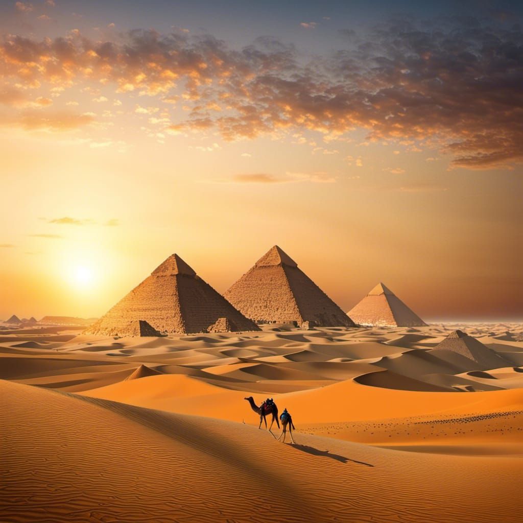 Egyptian Desert Sunset with Pyramids and Sphinx