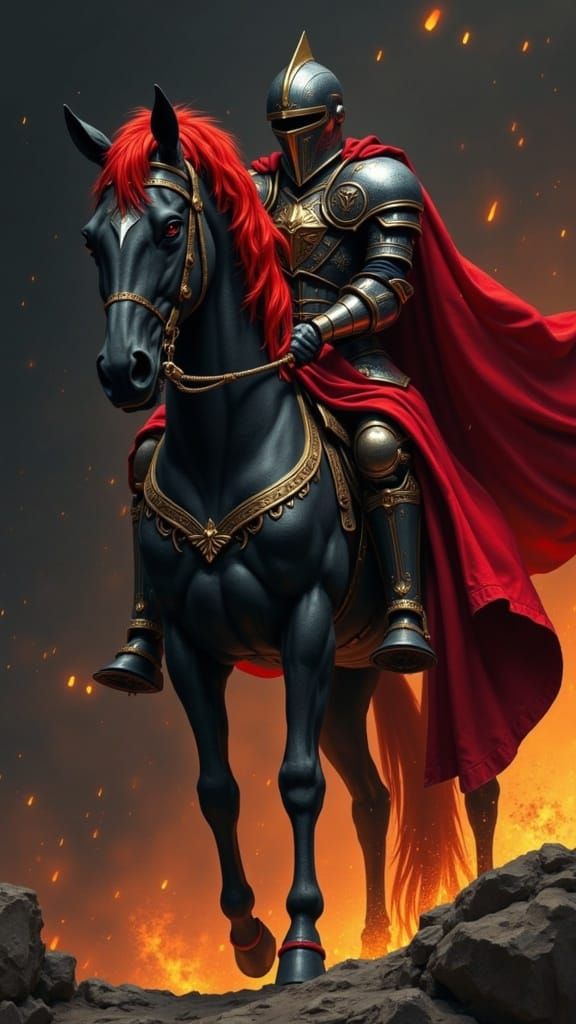 Cyberpunk Dark Knight Rides Fierce Black Horse with Fiery Re...