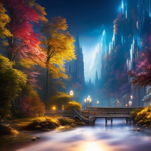 Detailed Moonscape Fairy Town in Watercolor Style