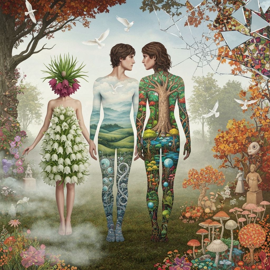 Woman in Fritillaria Dress in Dreamlike Landscape