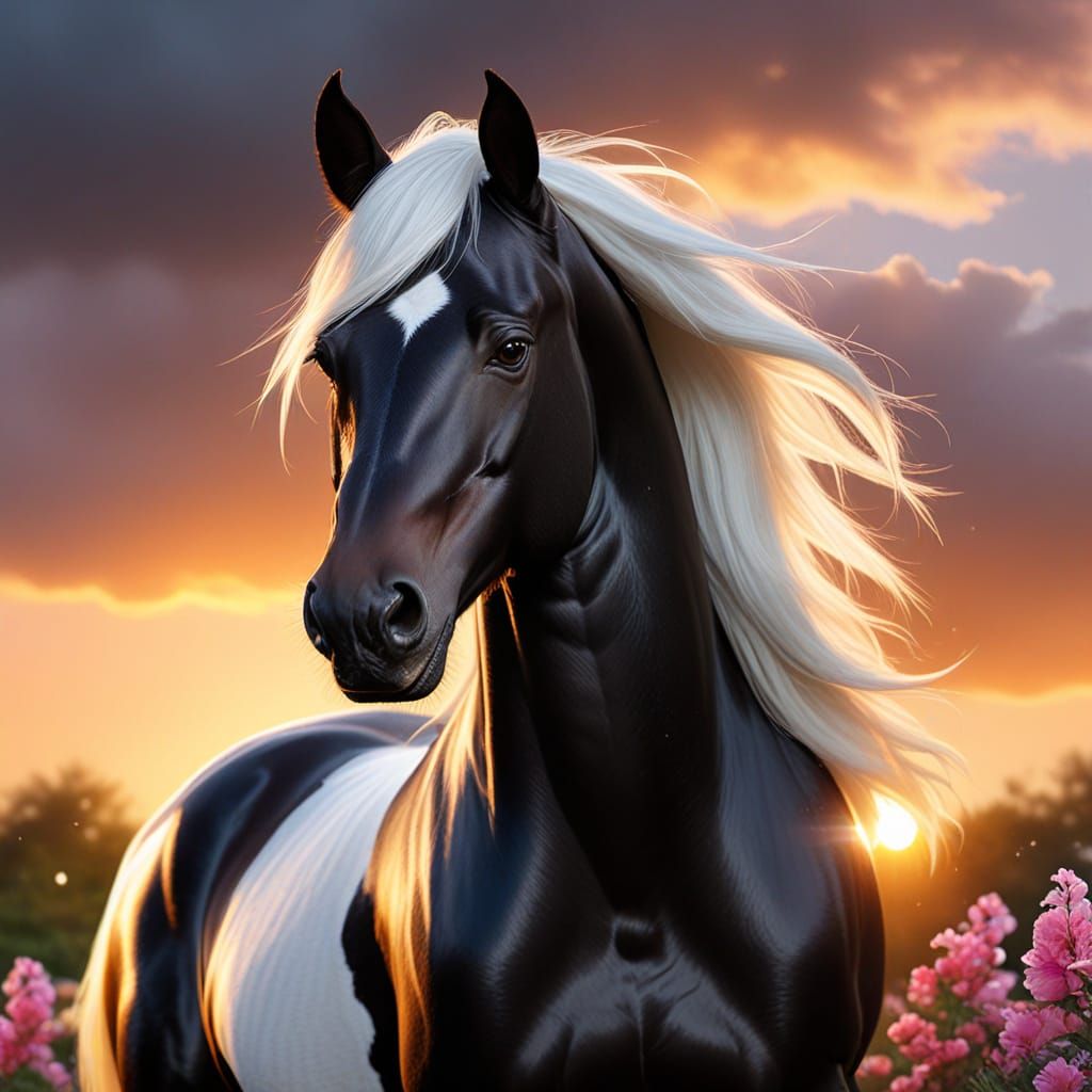 Majestic Black Arabian Stallion in Full Canter at Sunset