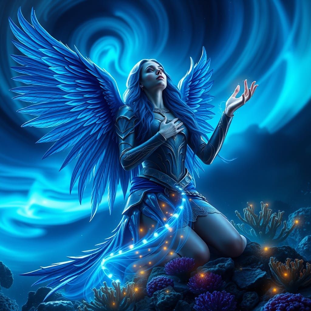 Celestial Angel Under Aurora in Fantasy Art Style