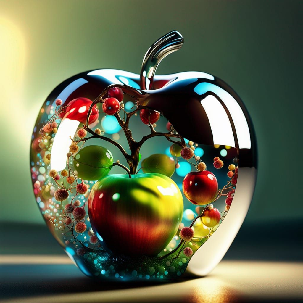 Photorealistic Glass Apple Reflecting Sunlight in 16k