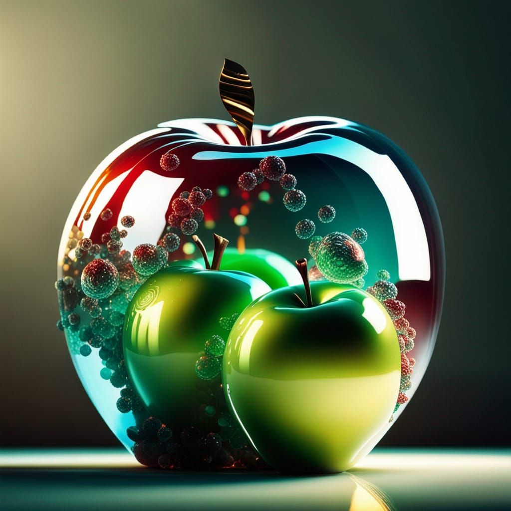 Photorealistic Glass Apple Reflecting Sunlight in 16k