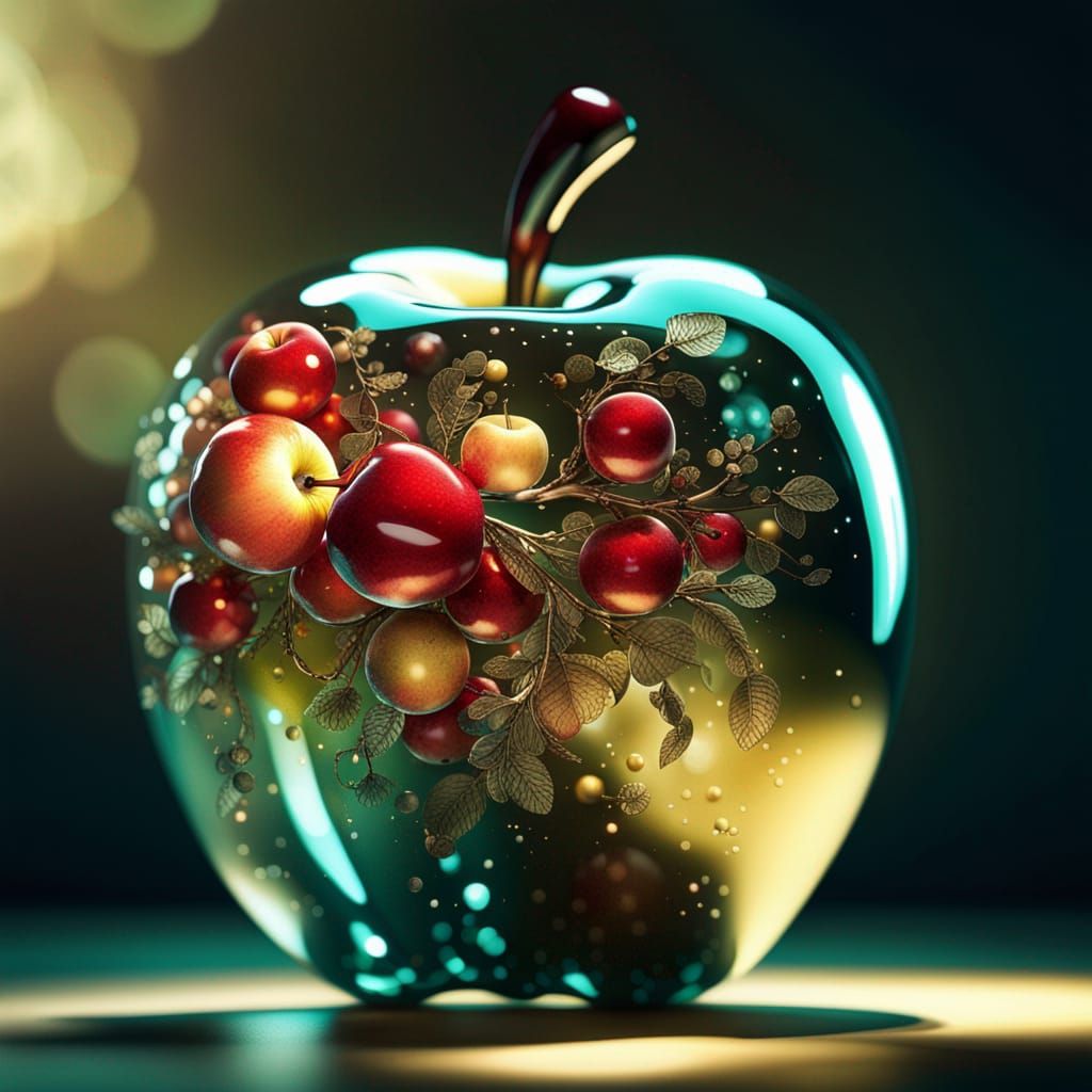 Photorealistic Glass Apple Reflecting Sunlight in 16k