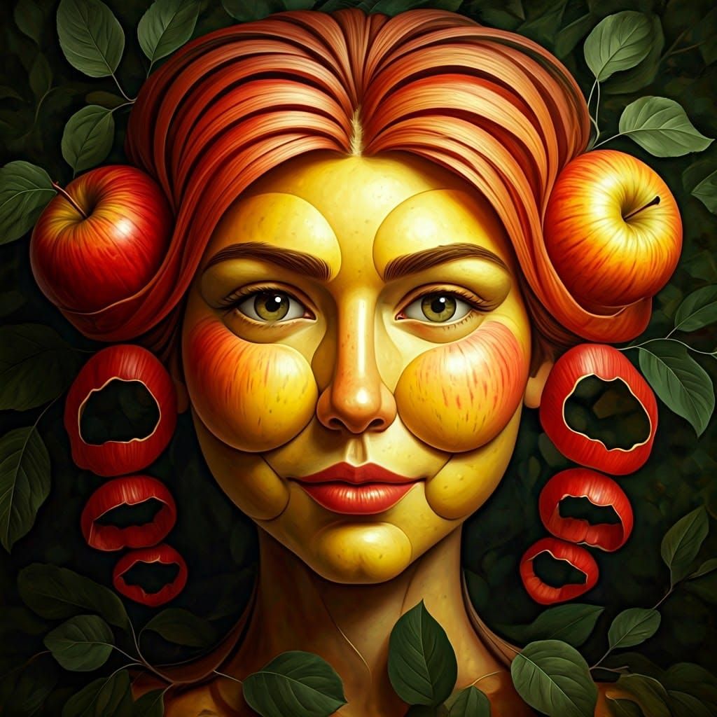 Whimsical Apple Portrait in Oil Painting Style