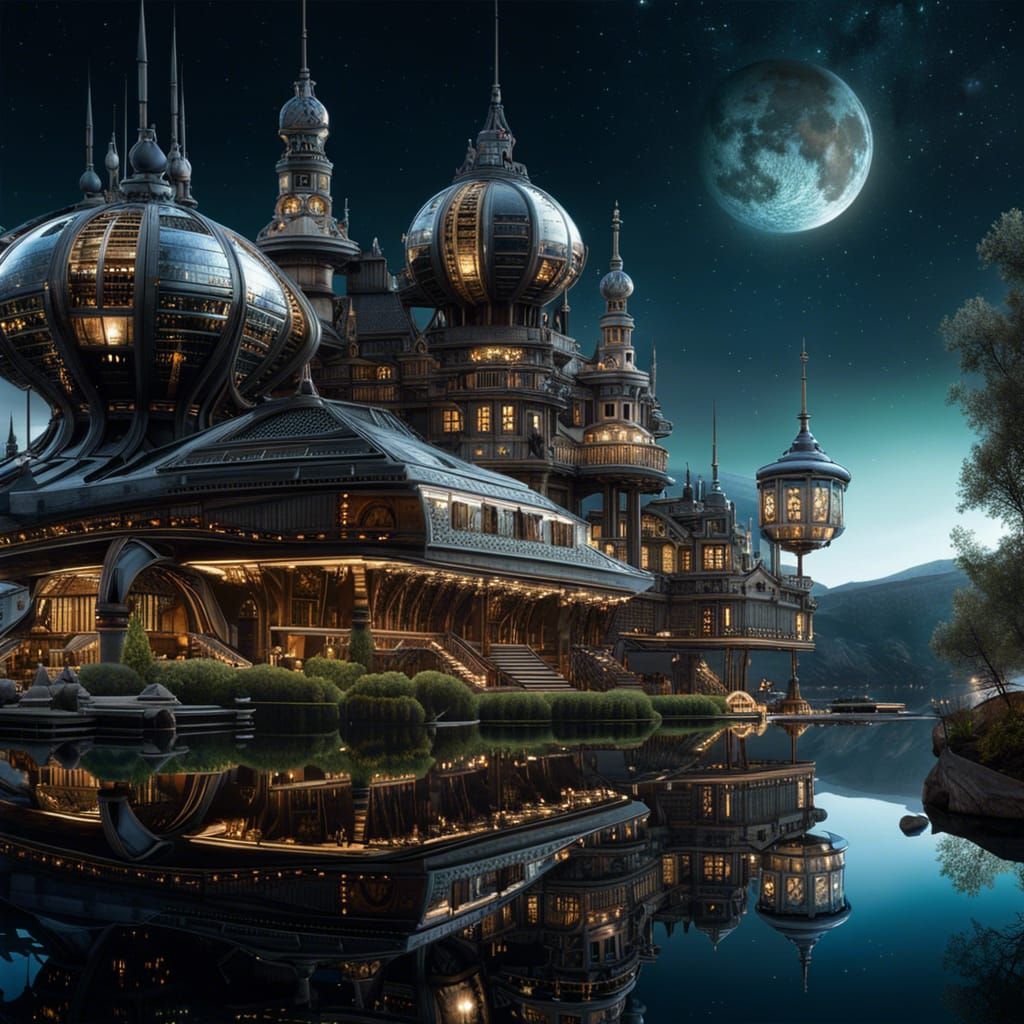 Futuristic Alien Metropolis Reflecting Hubble Nightsky