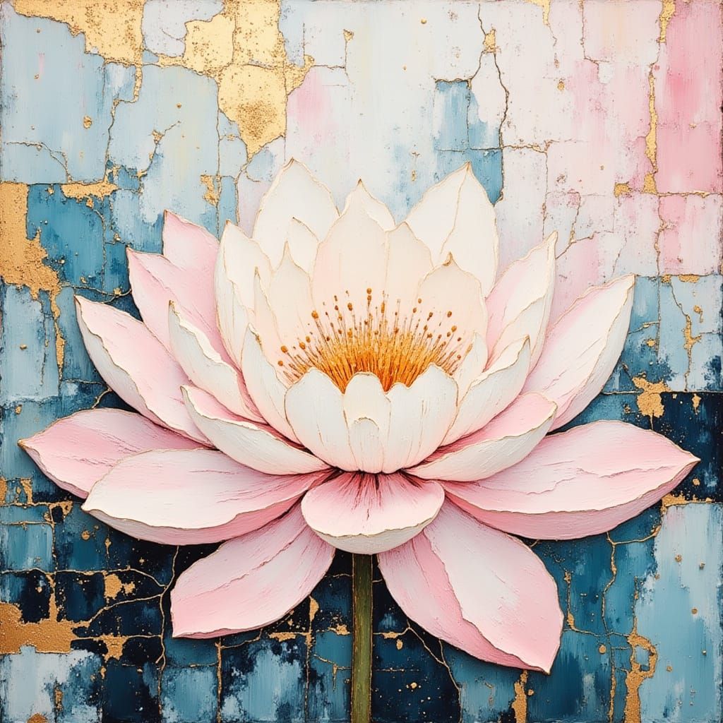Pink Lotus Flower Impasto Painting with Gold Accents