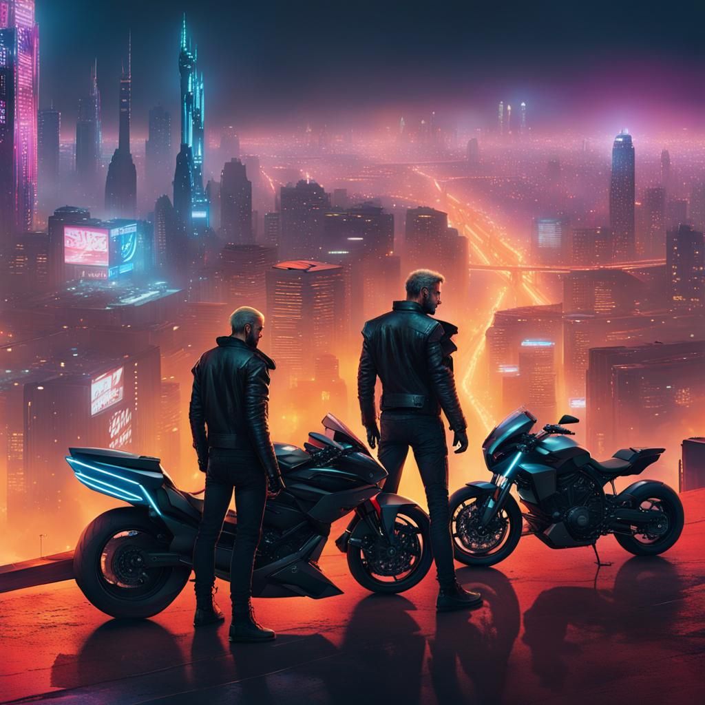 Cyberpunk Brothers Overlook Neon City at Night