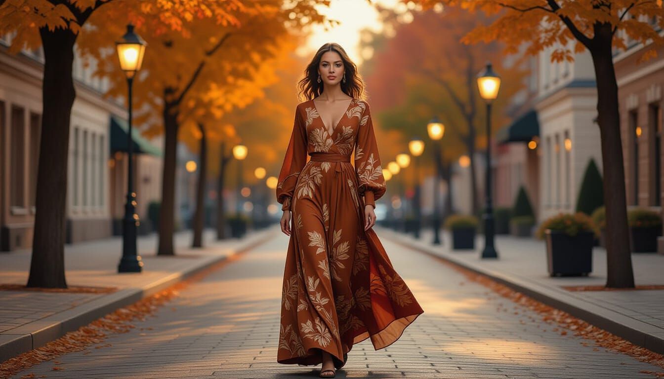 Elegant Woman in Autumn City Street Oil Painting