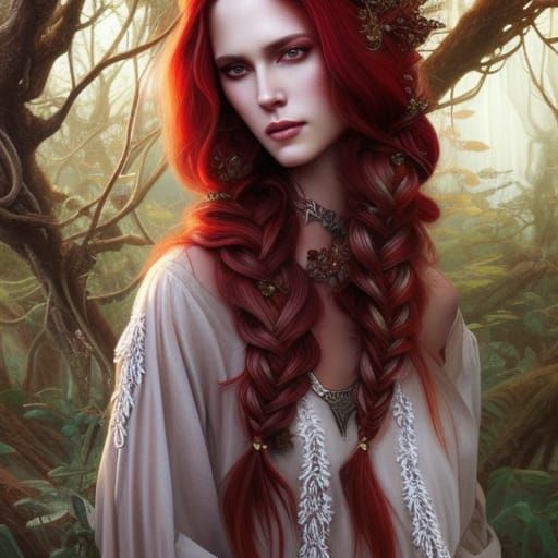 Red-Haired Sorceress Portrait in Fantasy Swamp