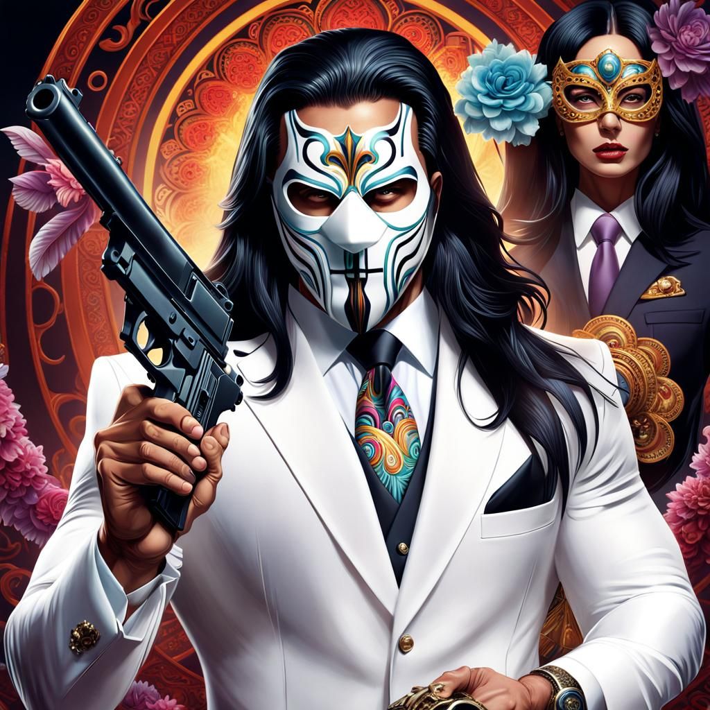 A  very large muscular man wearing a white suit and tie, he wears a mask resembling a spreading Infection on his face, w...