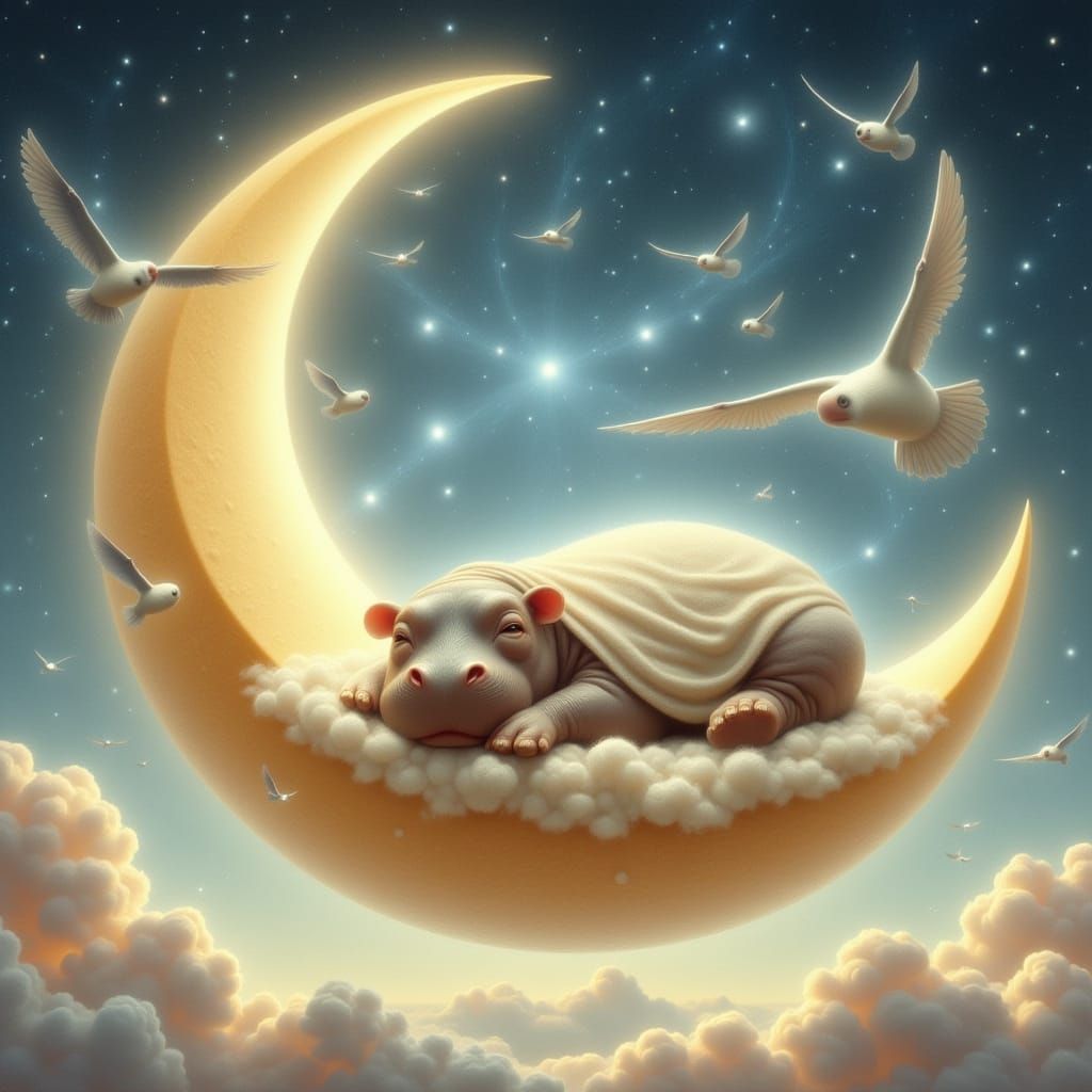 Dreamy Hippo on Crescent Moon in Whimsical Style