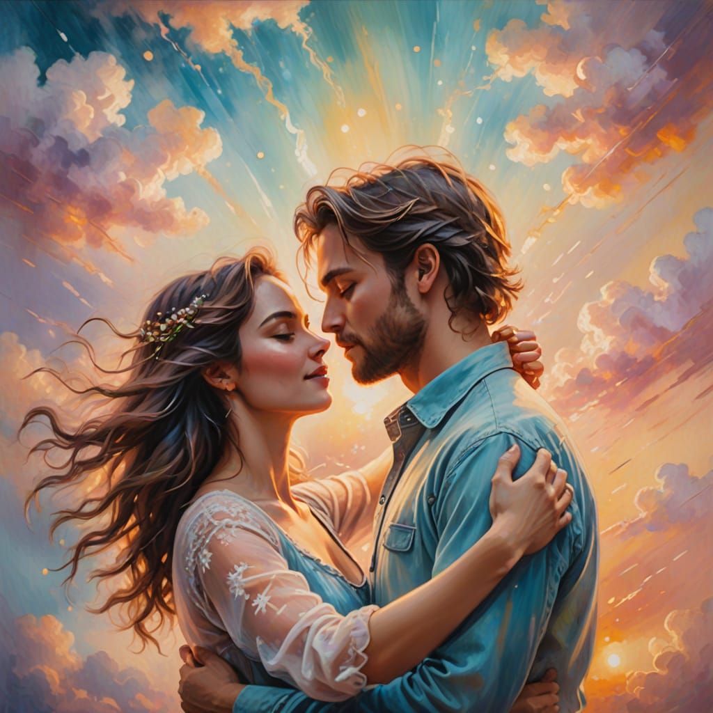 Dreamy Romantic Oil Painting of Lovers Dancing in Soft Cloud...