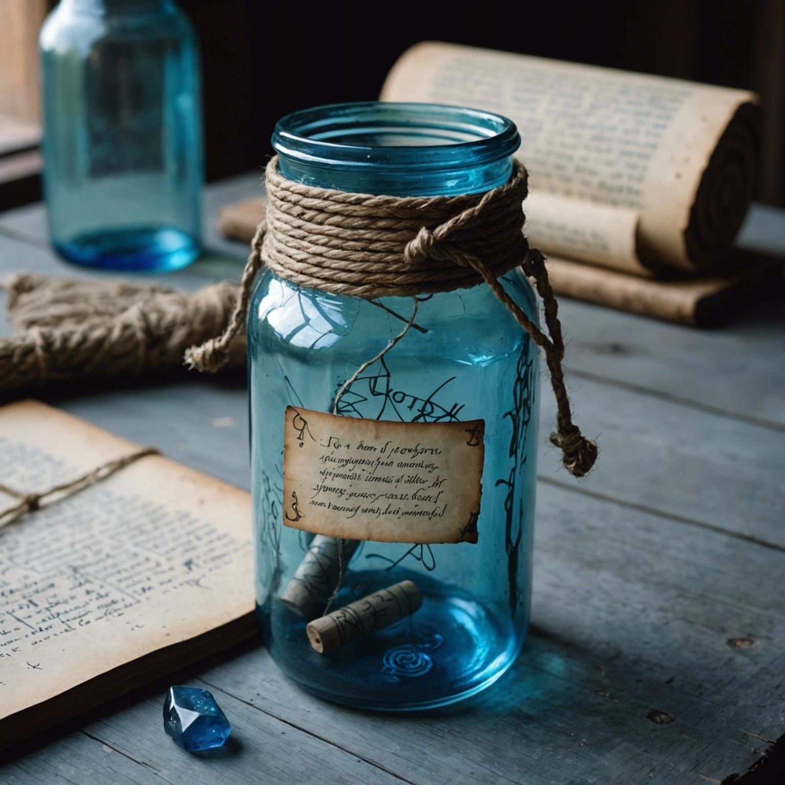 message in a bottle, ancient scroll inside a reused blue gla...