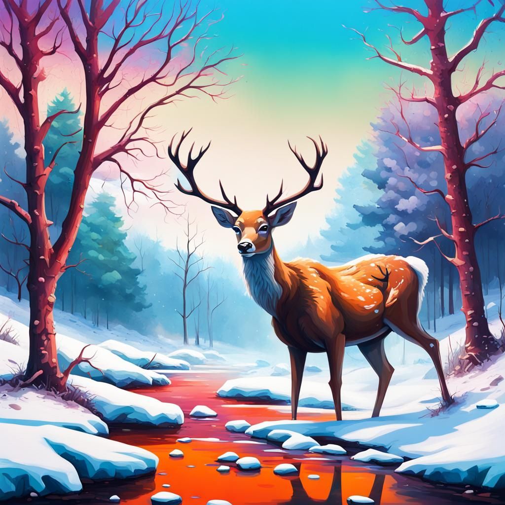 Snowy Valley Deer: Graffiti Art Morning Scene