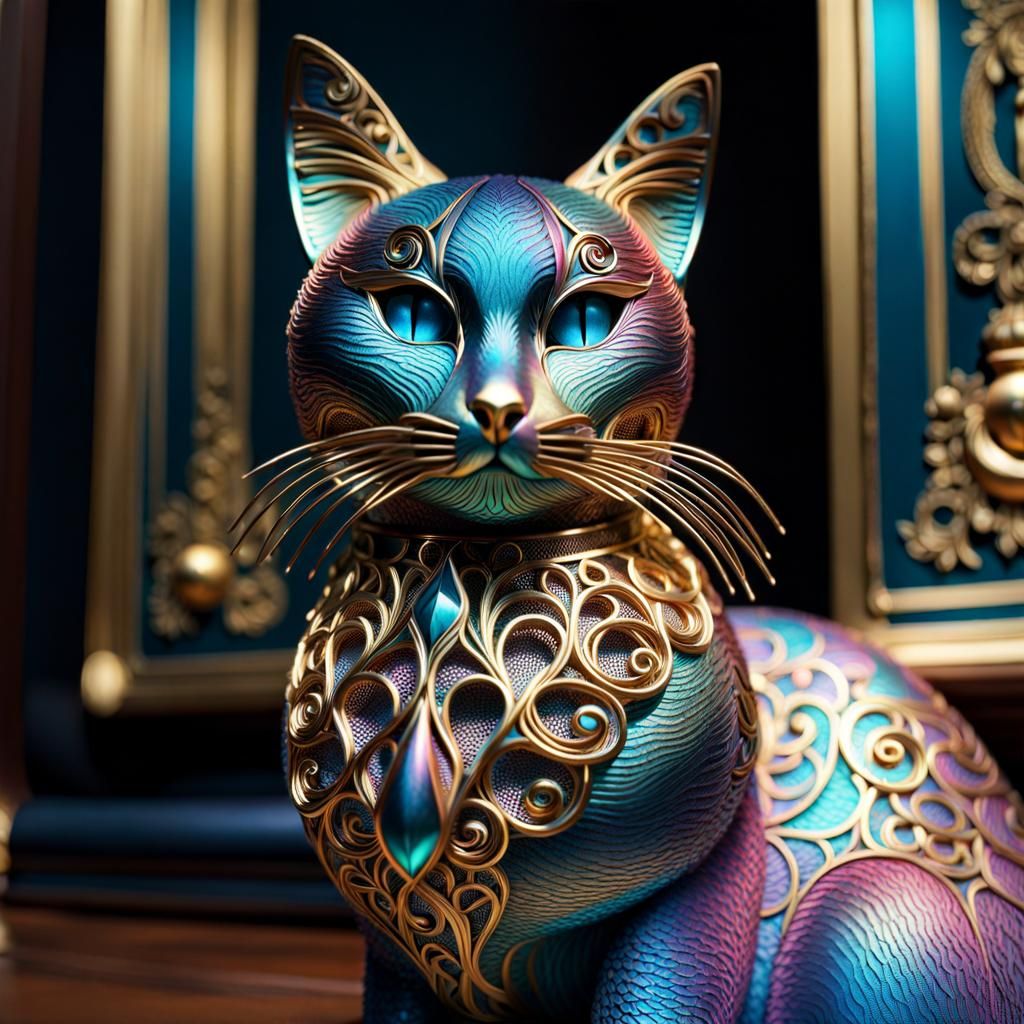 Iridescent Lace Cat Figurine: Hyperrealistic Digital Art