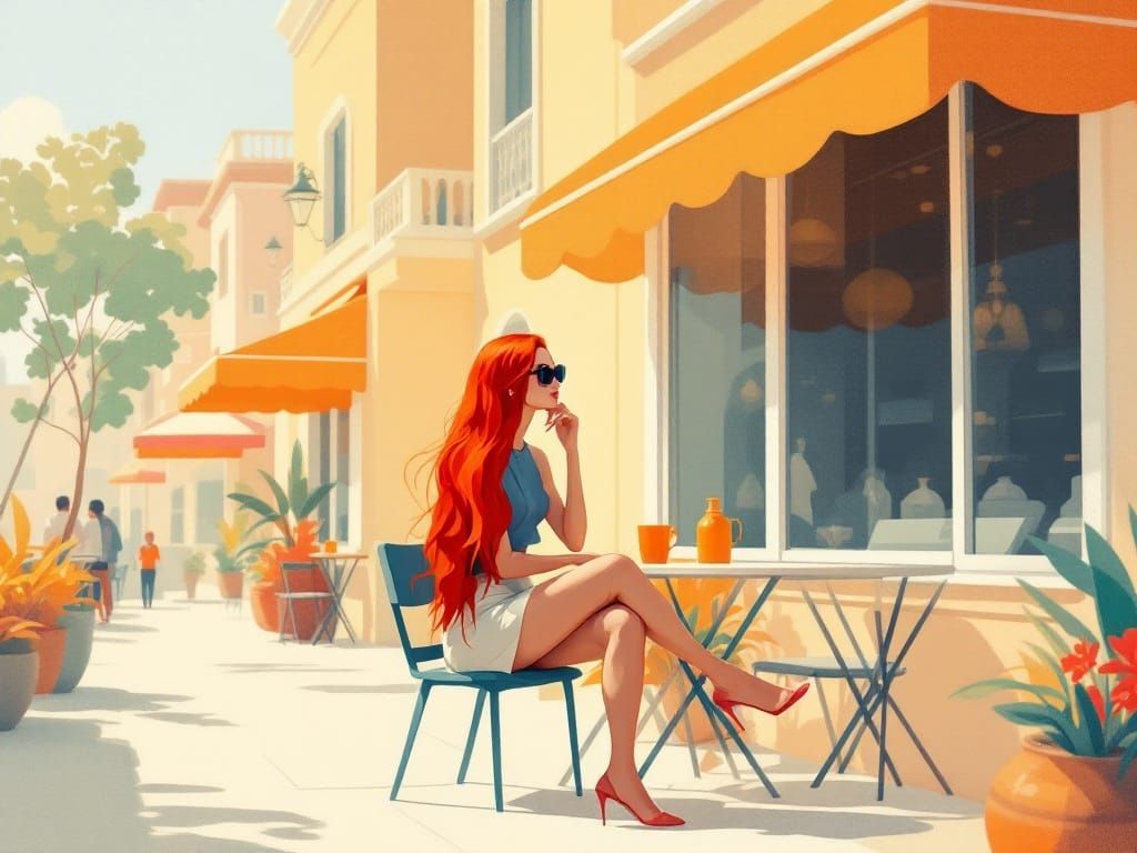 Surreal Café Scene in Modernist Earth Tones