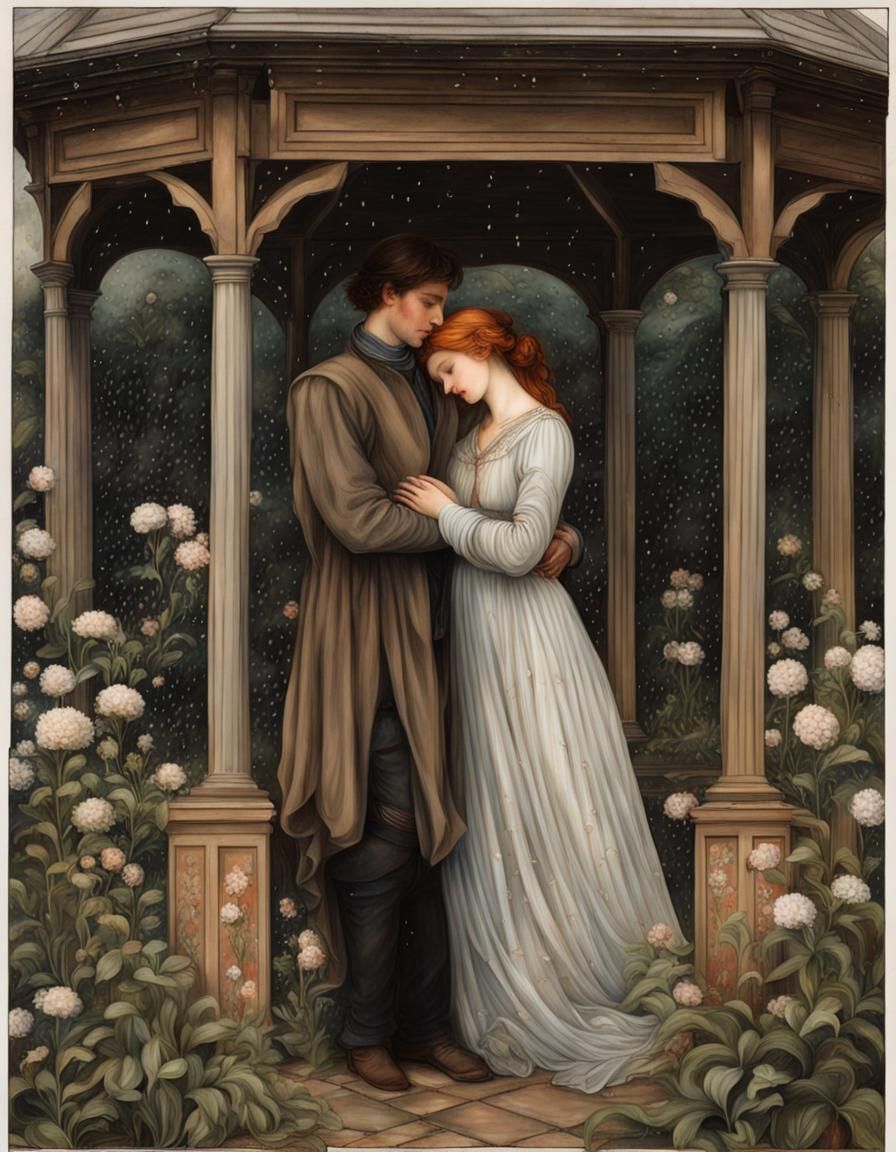 Renaissance Couple Embracing in Rainy Gazebo