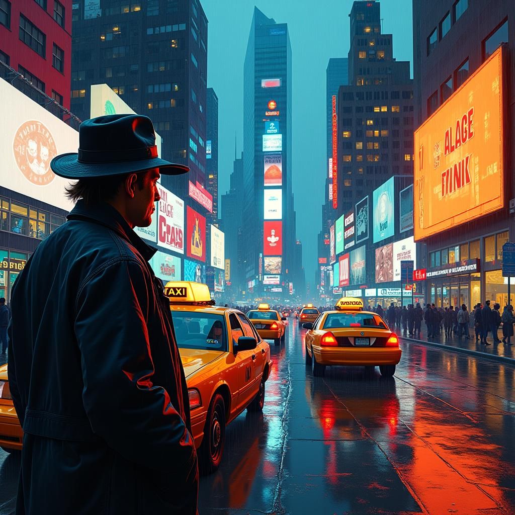 Neon Cityscape Taxi Driver in Geometric Fauvist Style