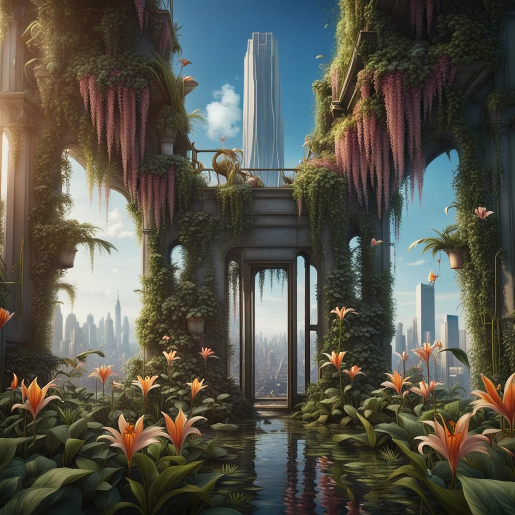 Lush Rooftop Garden Oasis with Exotic Lilies