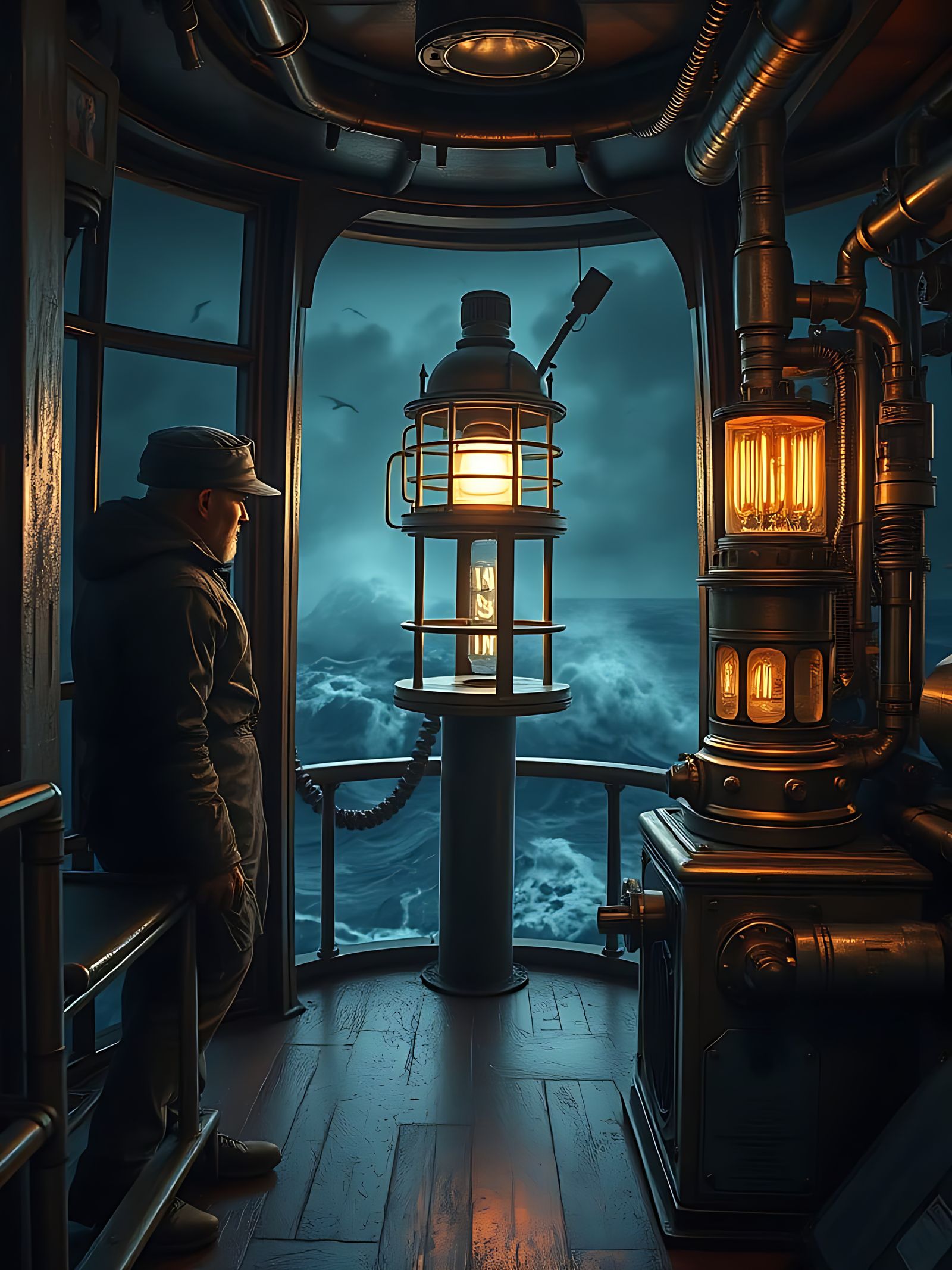 A solitary lighthouse keeper on a stormy night, tending to t...