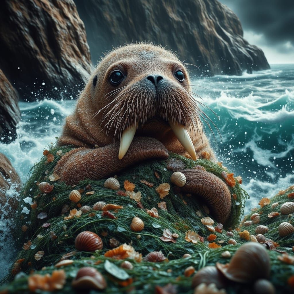 Walrus Fashion Designer Crafting Seaweed Nets