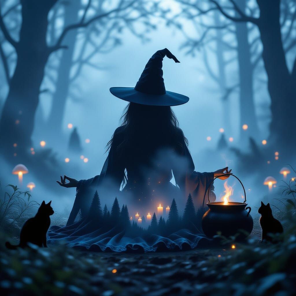 Enchanted Forest Witch Meditation in Double Exposure Style