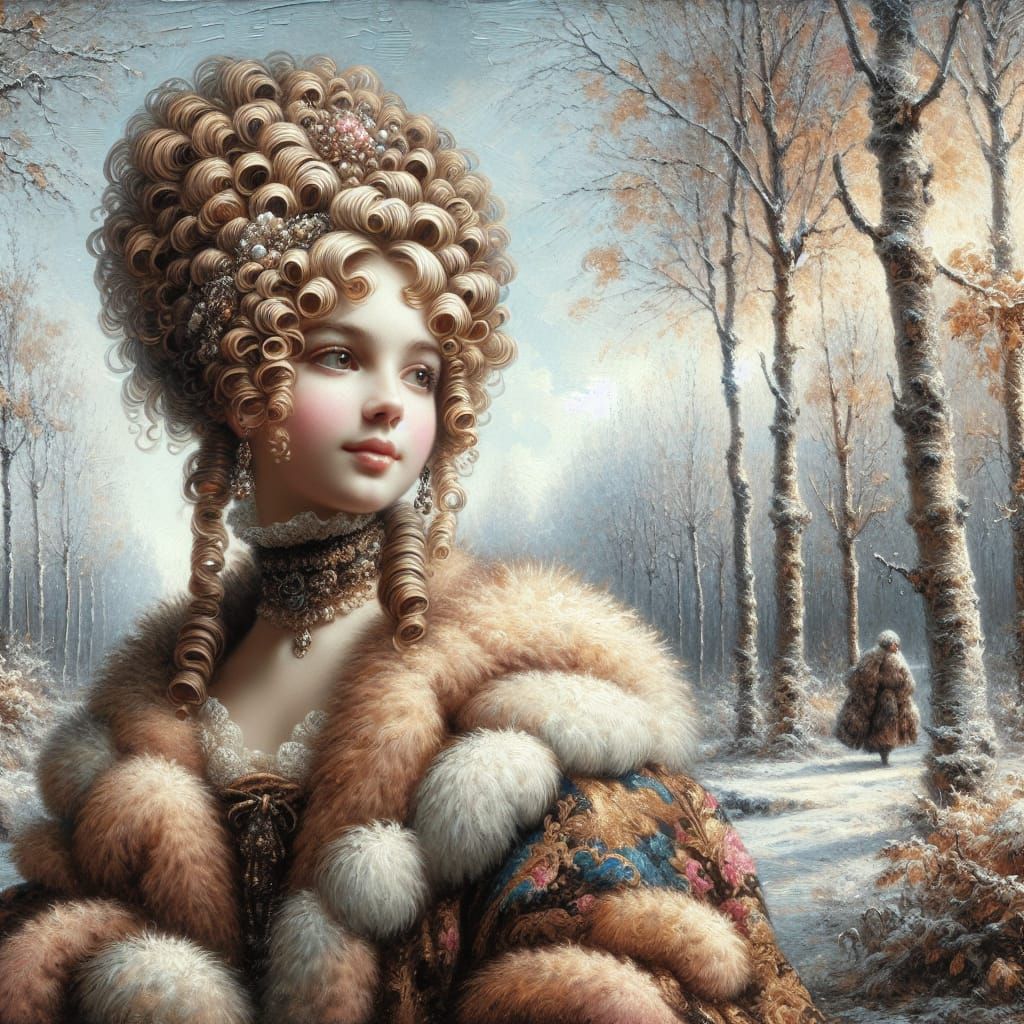 Hispanic Girl in Baroque Fur Coat Strolls Through Winter For...
