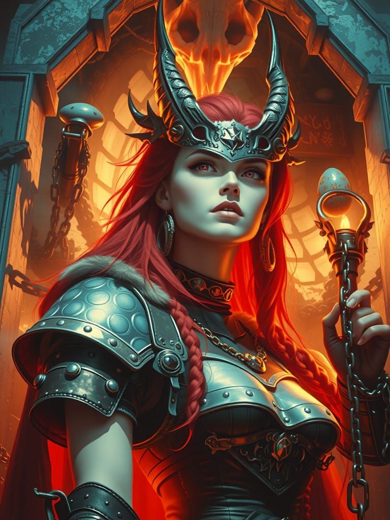 Fearless Warrior Amidst Dragon Ruins in a Mysterious Dusk Se...