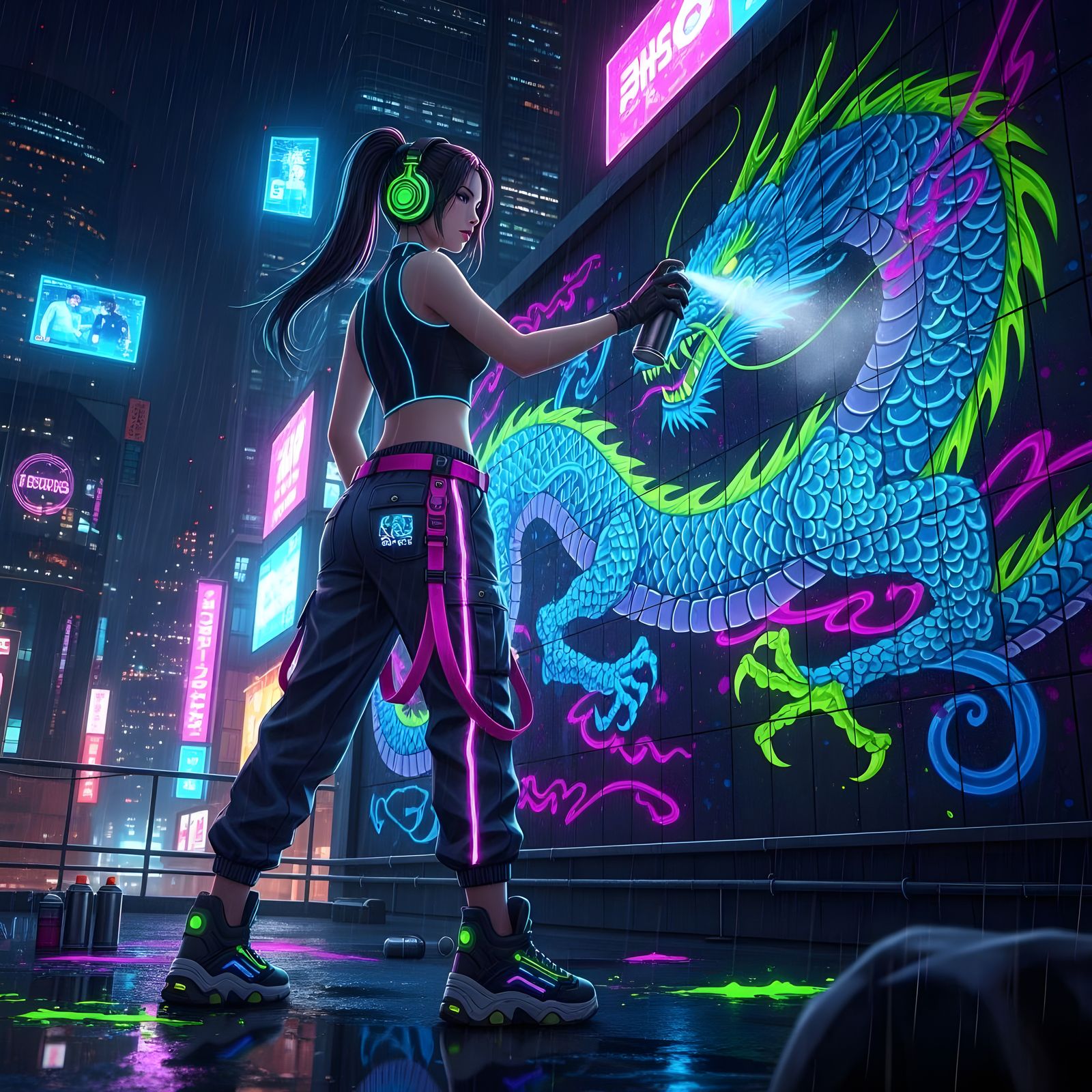 Anime Style Muralist Paints Dragon on Cyberpunk Rooftop