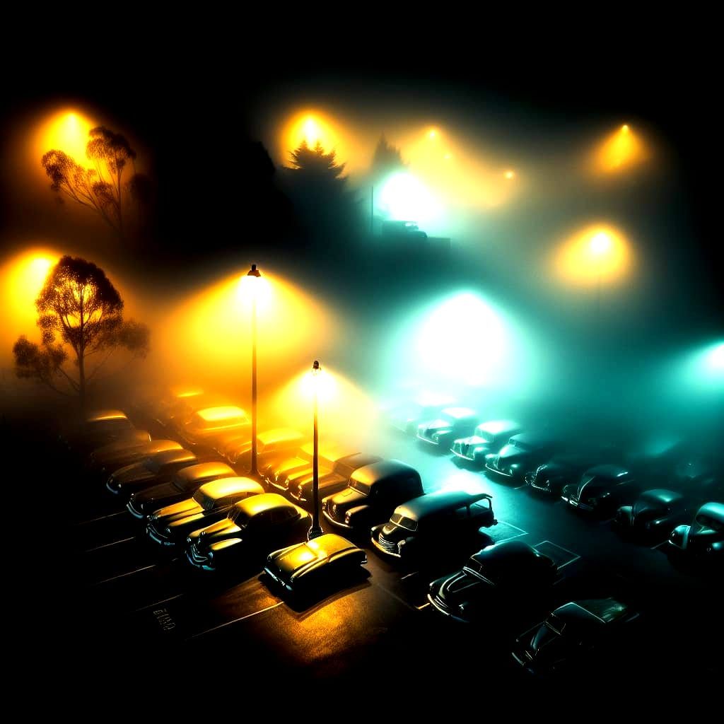 In a misty, fog-laden parking lot