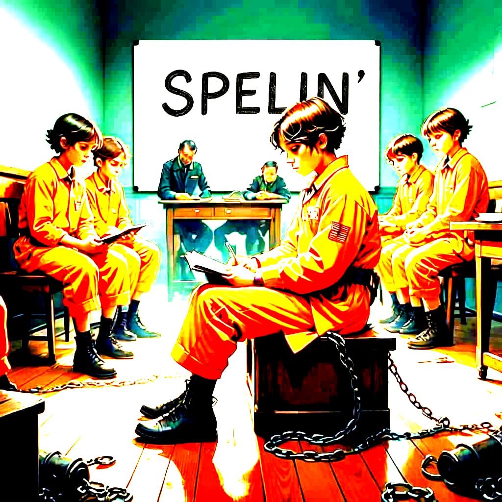 Children in Jail Uniforms in Classroom with Distracted Teach...