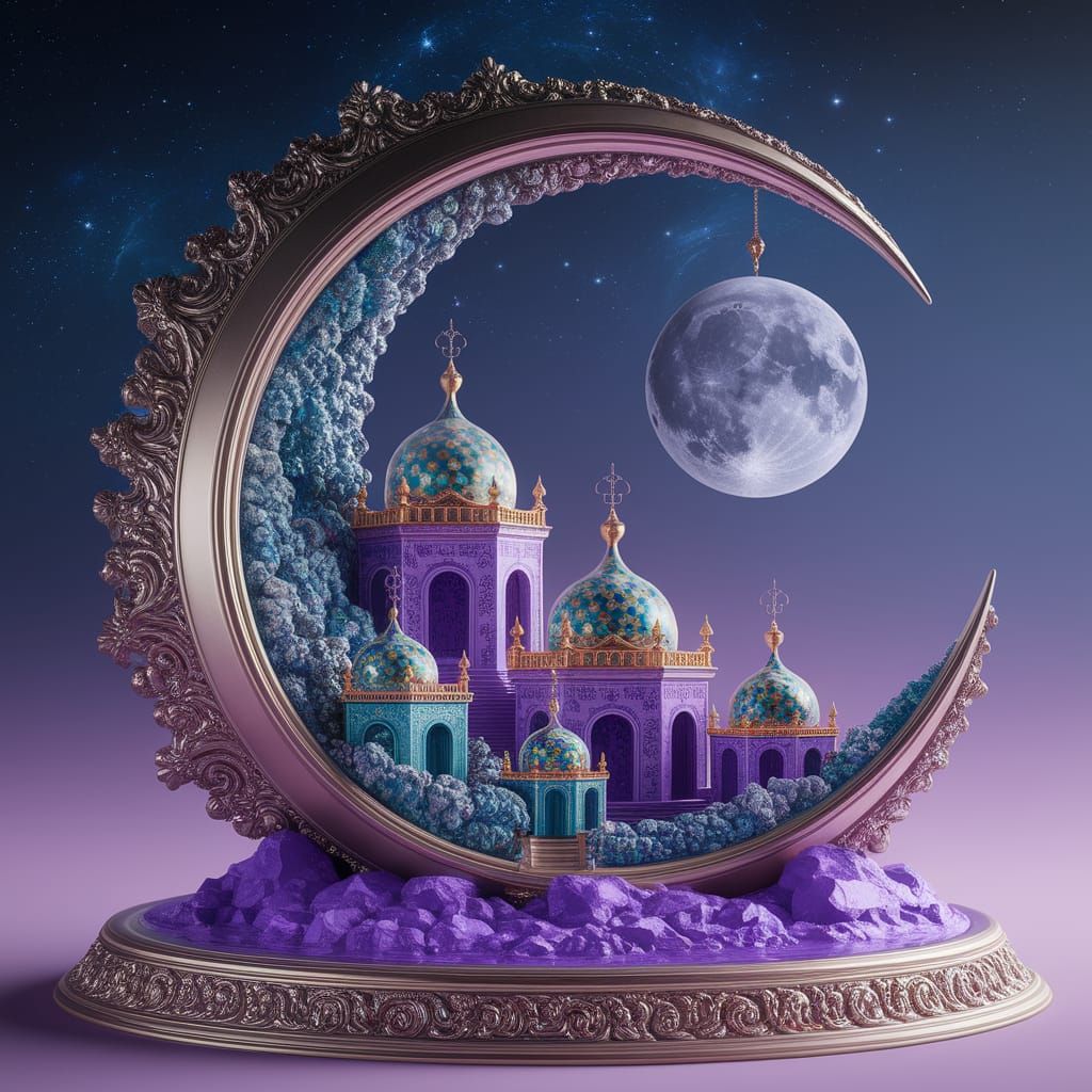 Fantasy Villa Village Inside Crescent Moon, Detailed Digital...