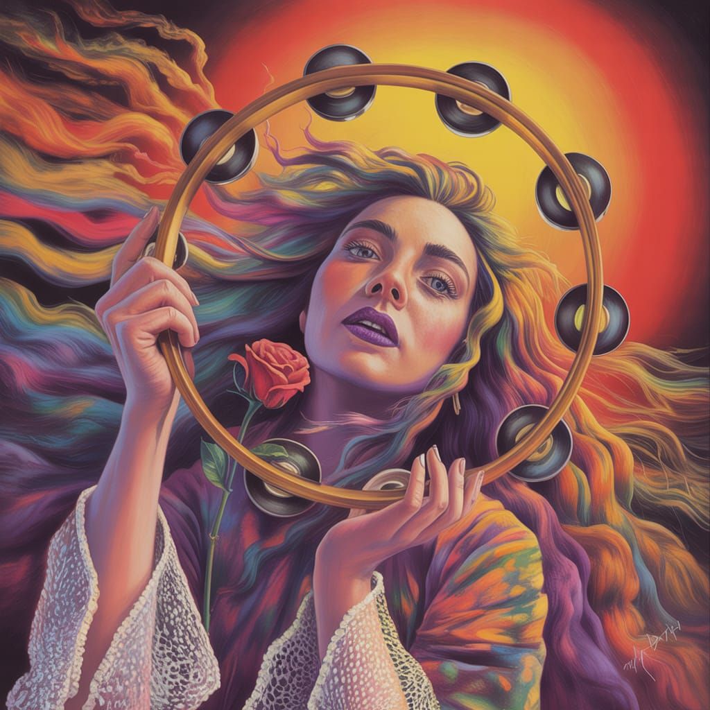 Mystical Woman with Tambourine Halo in Psychedelic Style