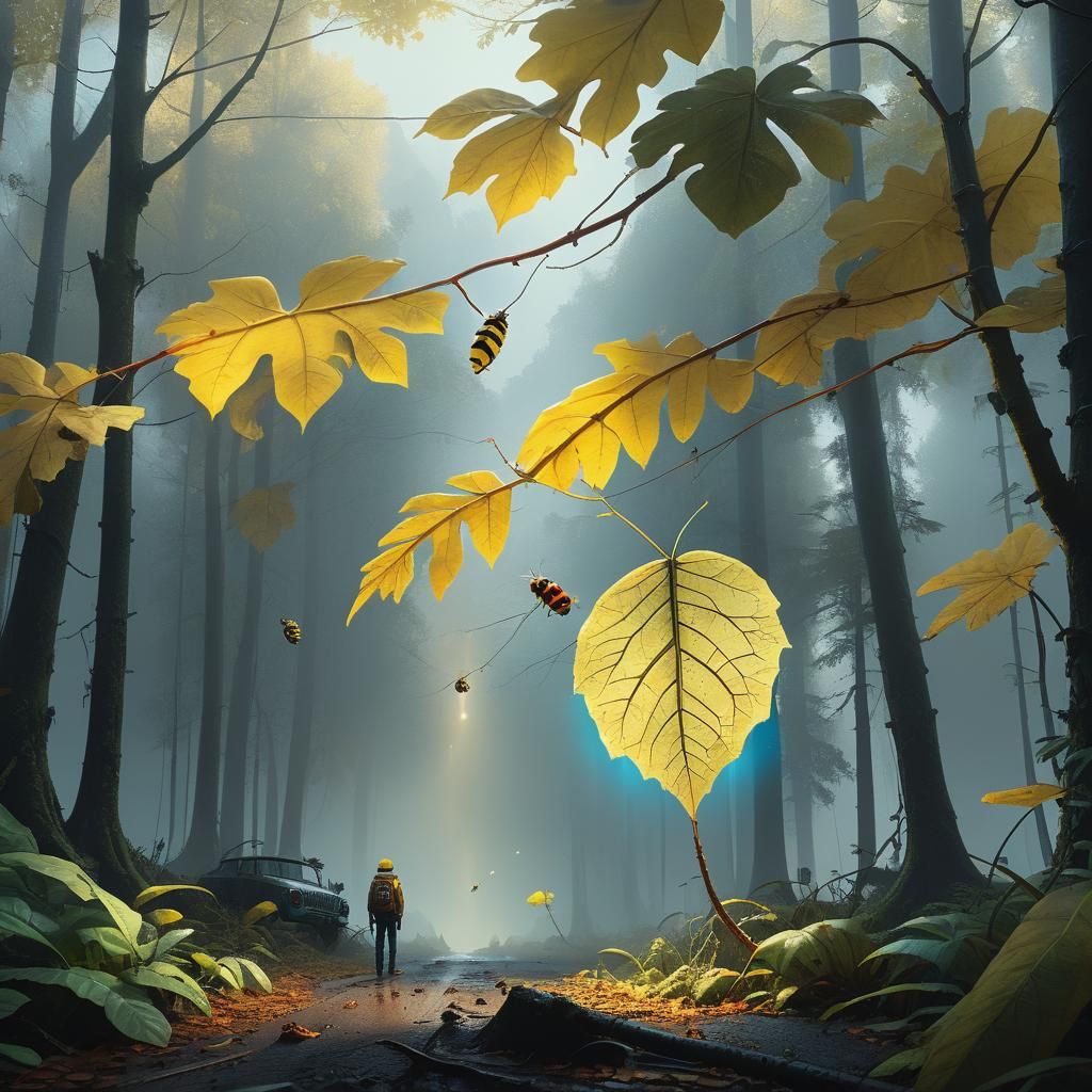 Yellow Leaf and Caterpillar in Surreal Forest