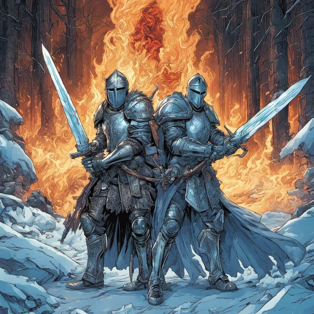 Fire Knight and Ice Knight Friends in Comic Art