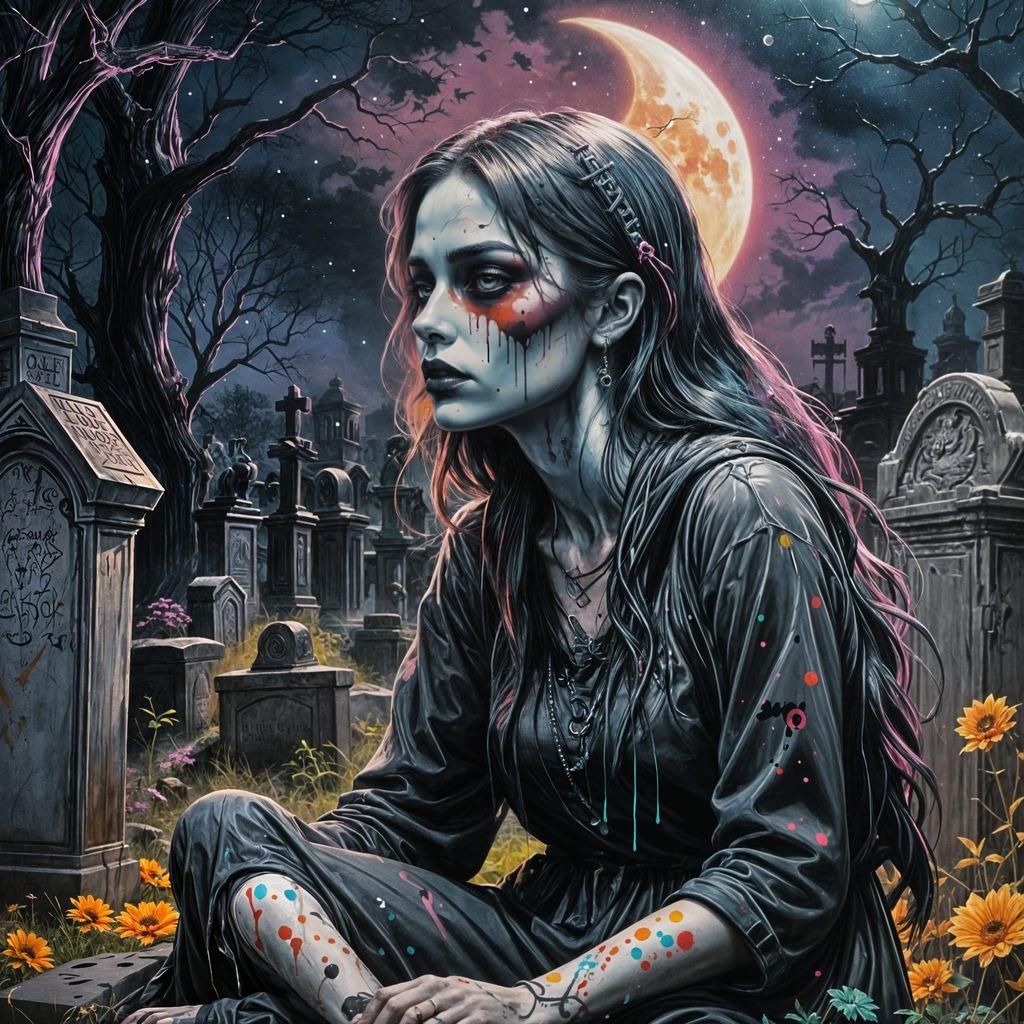 Spooky Girl in Graveyard: Graffiti Art Style