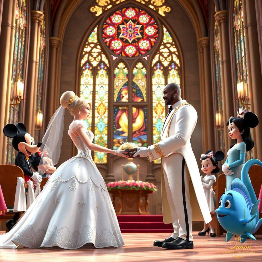 Whimsical Disney Wedding Scene in Vibrant Anime Style