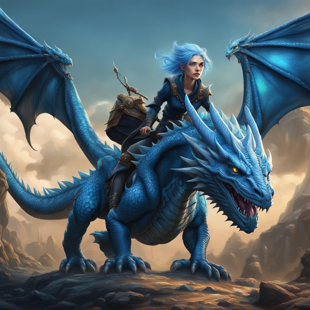 Blue-Haired Girl Riding a Blue Dragon in Fantasy Art