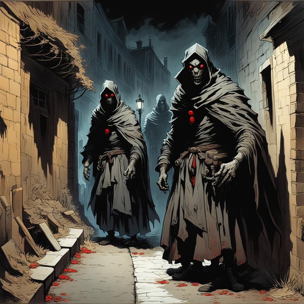 Eerie Shadows with Glowing Eyes in Dark Alley