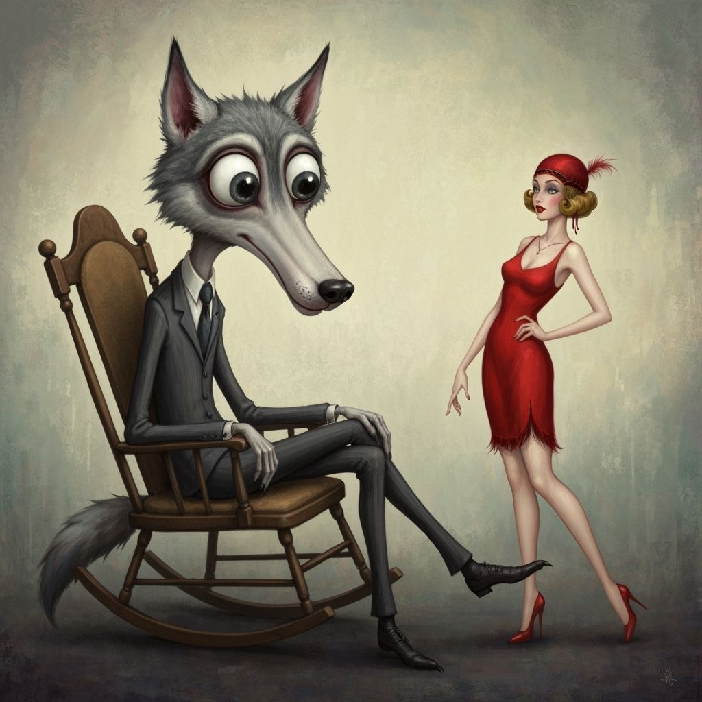 Surreal Wolf Gentleman Gazing at Pinup, Painterly Style