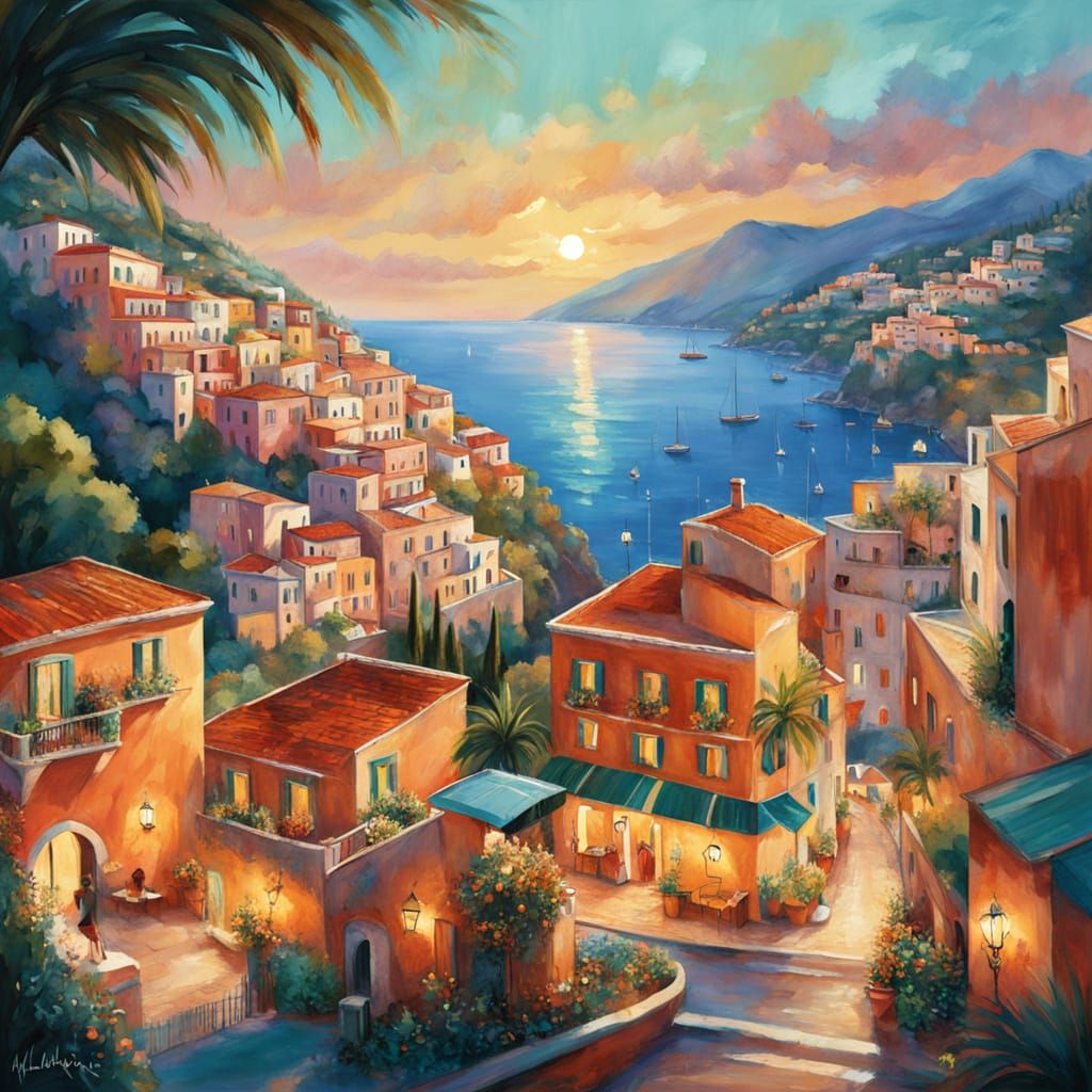 Dreamy Amalfi Coast Town at Sunset in Painterly Style