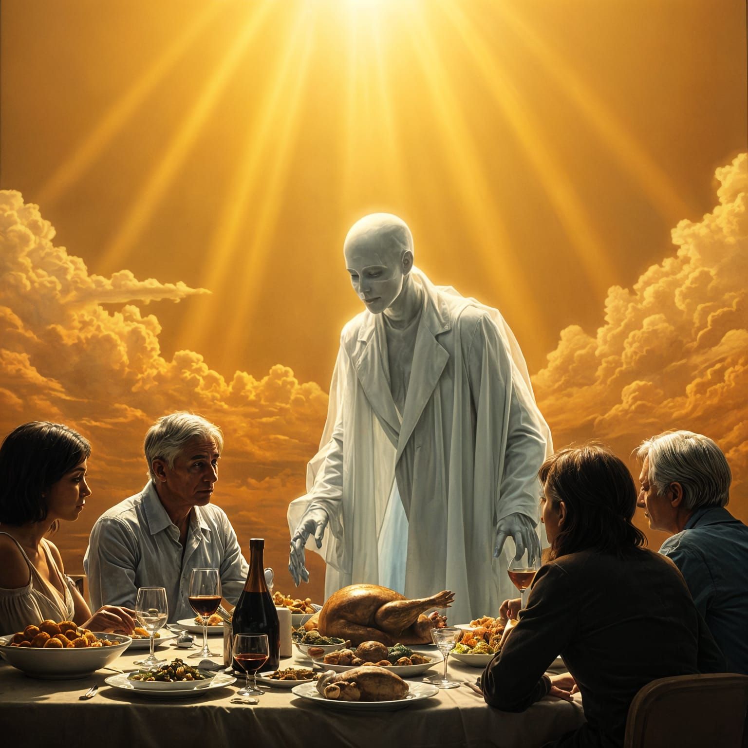 GHOST PORTRAITS of an ethereal luminous male white ghost watching his wife and children have Thanksgiving dinner without...