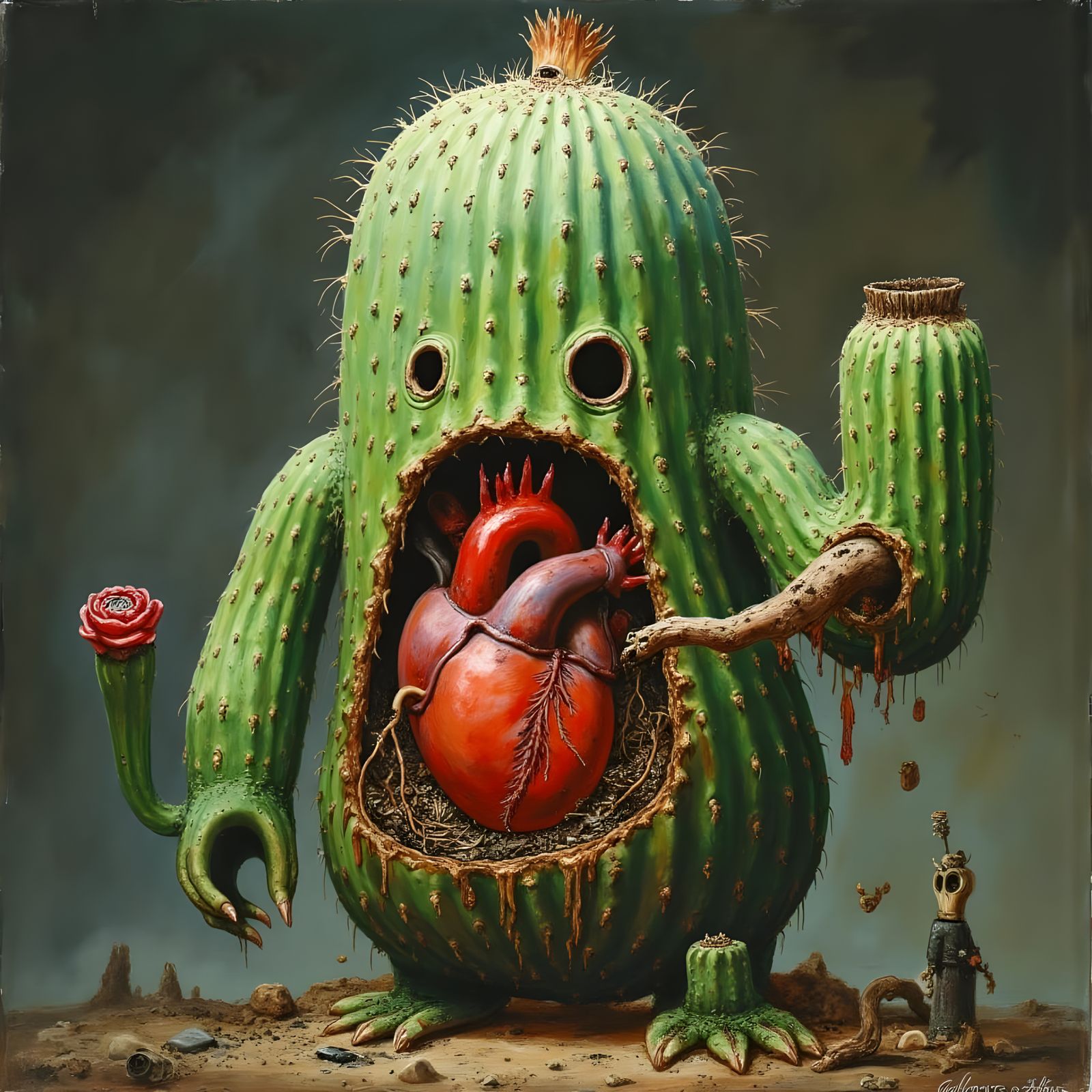 Hyperrealistic Sweating Cactus Heart in Cal Schenkel Style