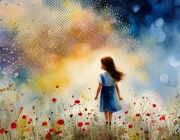 Girl in Blooming Flower Meadow, Watercolor Style