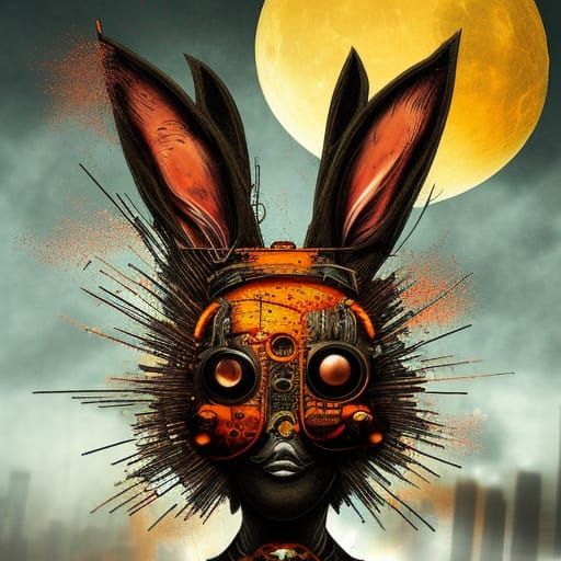 Steampunk Rabbit and Clockpunk Moon Digital Painting