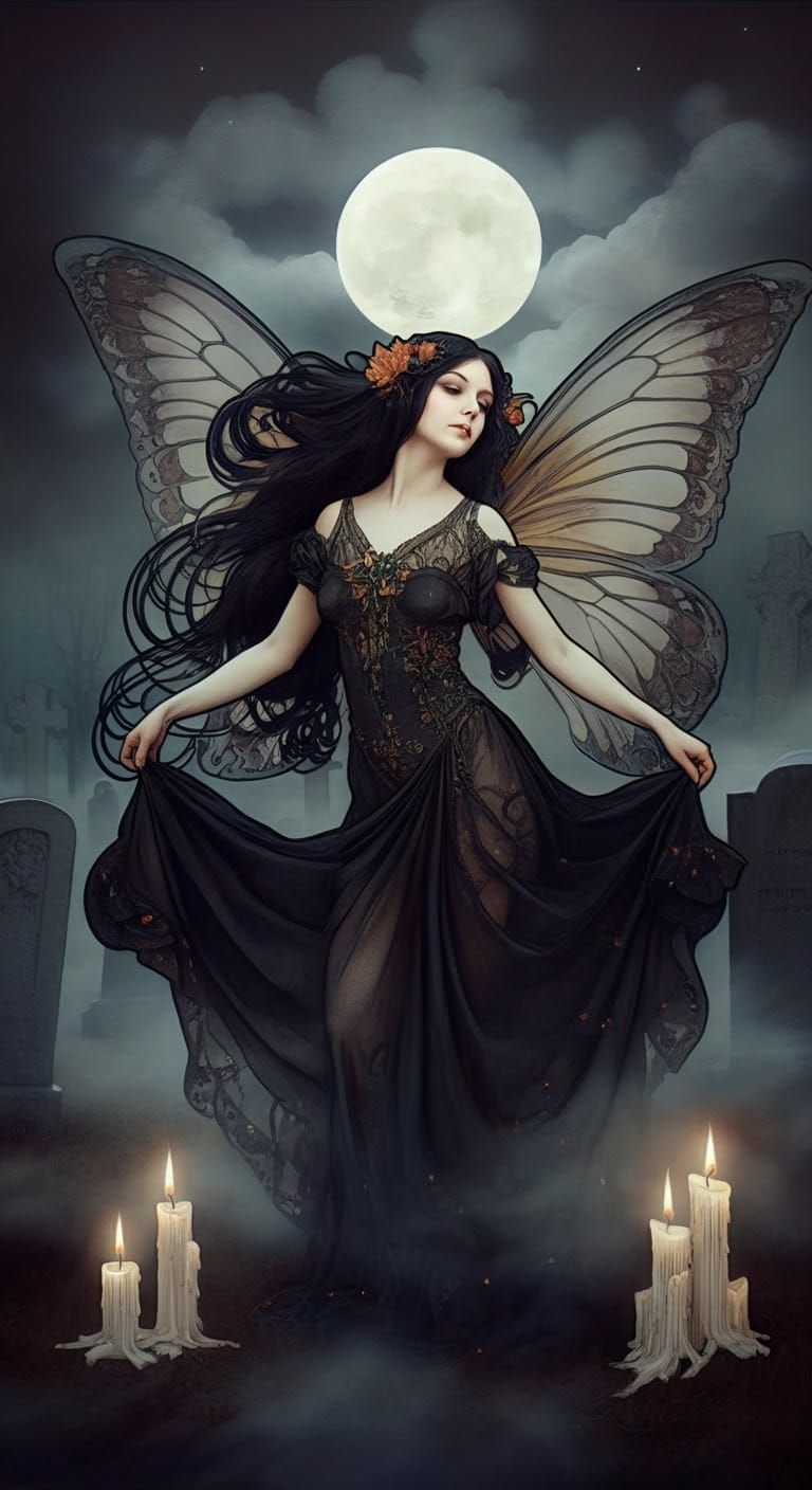 Ethereal Fairy Dance in Graveyard, Art Nouveau Style