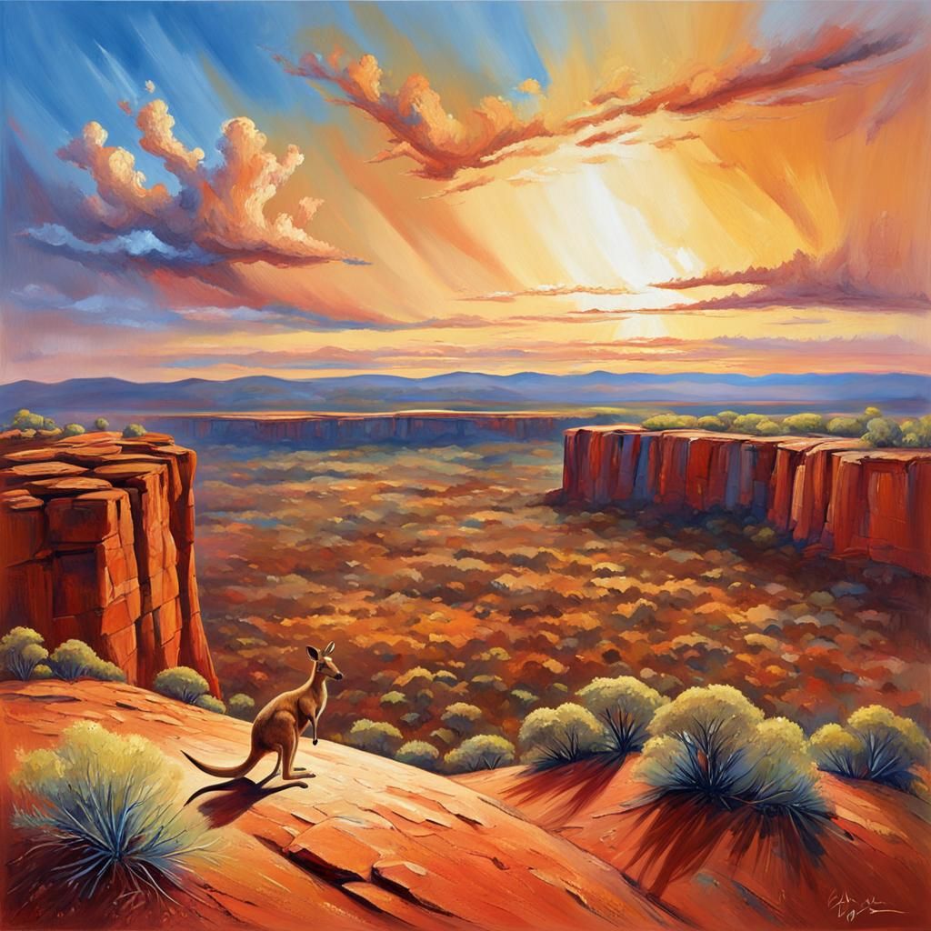 Australian Impressionism: Kangaroo in Red Desert Landscape